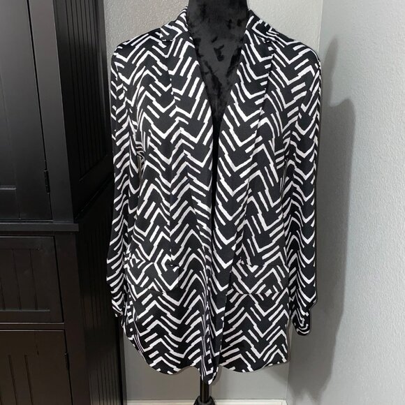 Notations Blazer Womens Medium Black White Office Open Front Monochrome Artsy - Picture 1 of 10
